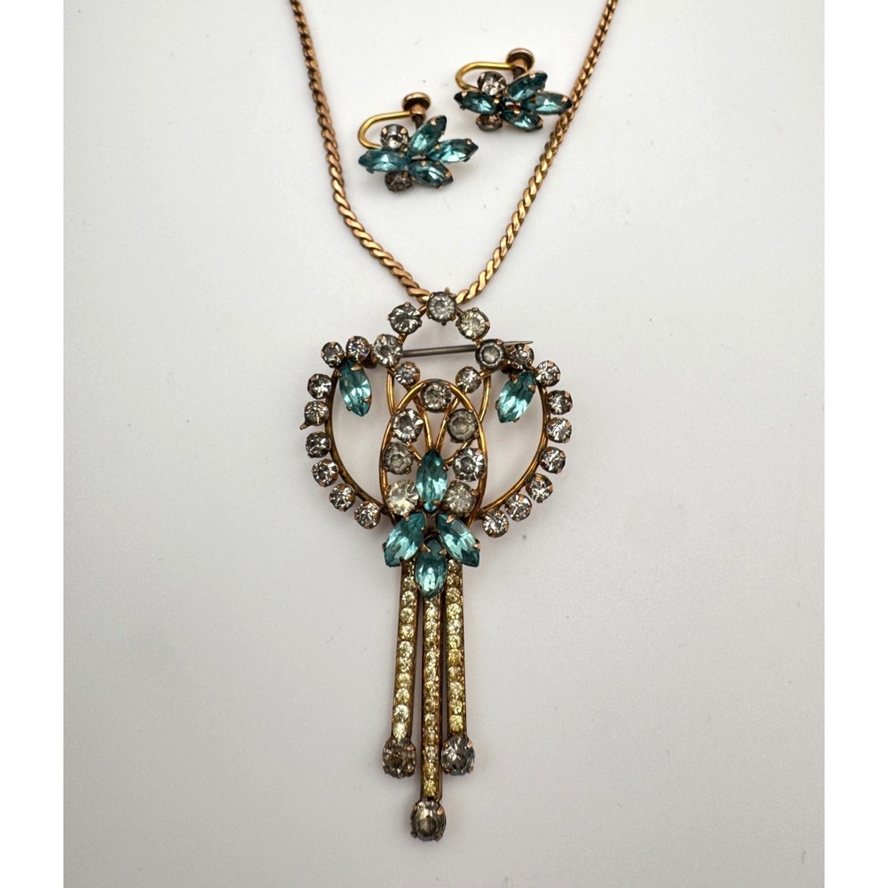 Vintage Star Art Necklace Earrings Set 12K Gold Filled Blue Rhinestone Brooch